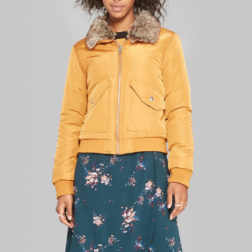 New Removable faux fur collar bomber Jacket -Camel - Picture 6 of 8